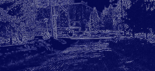 City streets and transport, Winter city with the effect of a blue cold street. Image from thermal imager device.