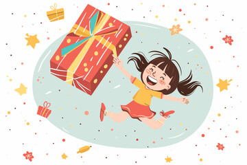 Joyful Young Girl Leaping by a Huge Birthday Present, Celebrating with Excitement, Festive Banner Design