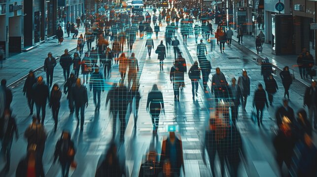 Elevated Security Camera Surveillance Footage of a Crowd of People Walking on Busy Urban City Streets. CCTV AI Facial Recognition Big Data Analysis Interface Scanning, Showing Personal Information 