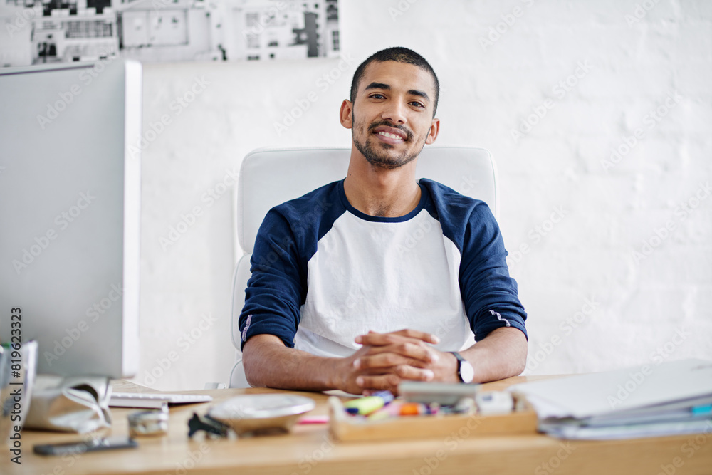 Aufkleber black man, portrait and confidence in office for strategy, work and startup company with computer. c