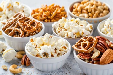 Bowls Of Snacks. Variety of Healthy Popcorn, Nuts and Pretzels in White Bowls