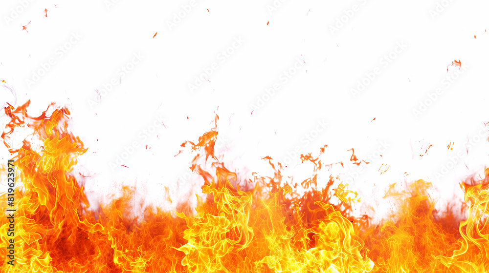 Poster intense flames engulfing the lower portion of the image with a white background, representing the co