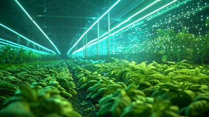 Lush rows of plants growing in a modern, high-tech indoor farm with vibrant green foliage under LED lighting.