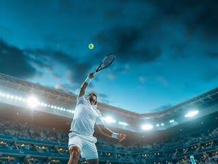 Tennis player in action, serving the ball under bright stadium lights with a dramatic evening sky.