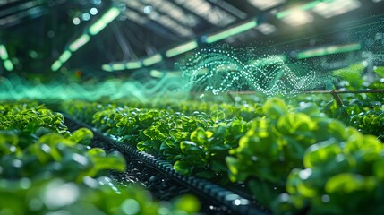 Modern agricultural technology in a greenhouse with vibrant greens and digital waves representing data analytics and innovation.