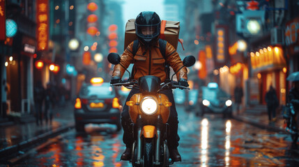 packages secured on the back, emphasizing the additional risks and challenges faced by those working on the road in a city with poor street conditions