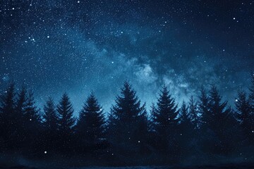 Naklejka premium Night Sky Star. Dark Blue Sky Full of Stars Shining Above Tree Field