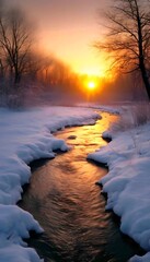  Abstraktion Landschaft Sonnenaufgang auf einem winterlichen Fluss. Hintergrund für das Design 3.