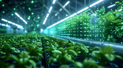 Modern indoor farming with rows of green plants under artificial lighting in a controlled environment showcasing innovative agricultural technology.