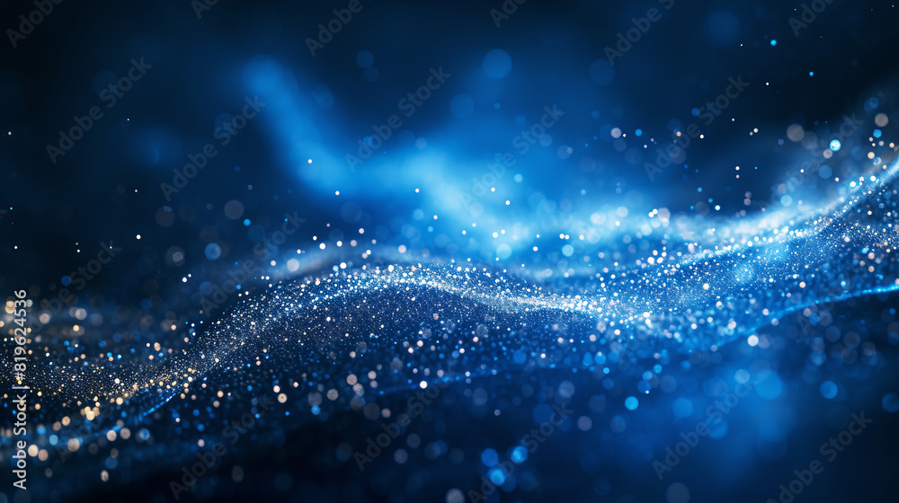 Poster Sparkling blue particles flowing on a dark background, representing a technology or science concept. Generative AI