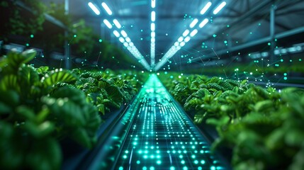 Modern vertical farm with advanced technology. Rows of plants illuminated by LED lights, showcasing futuristic agriculture and sustainability.