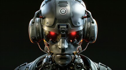 a super realistic robot head, wearing a military baret, gaming logo The picture is sharp and realistic