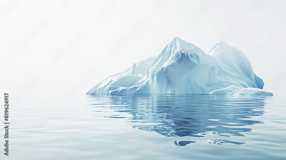 Poster an iceberg floating on calm water, photorealistic style, against a soft gradient background, conveyi