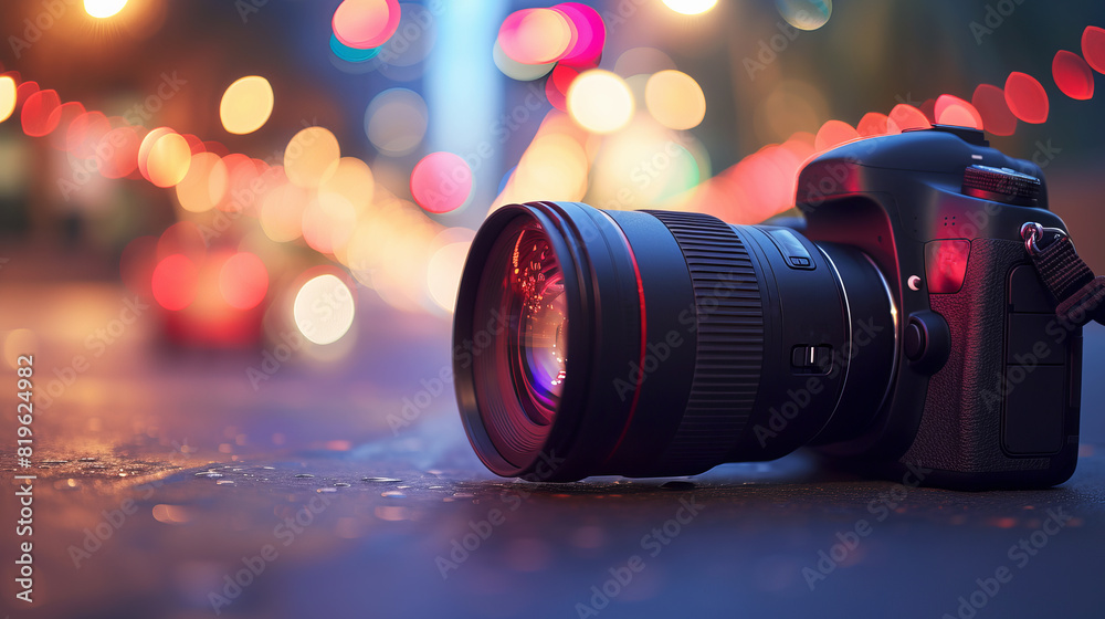 Poster A close-up of a camera on a wet surface with colorful bokeh lights in the background, conveys a concept of photography passion. Generative AI
