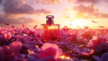 Elegant perfume bottle amidst scattered petals captured in radiant sunset hues, creating a romantic and alluring visual, with banner space for text