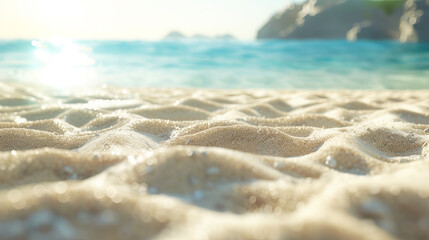 Close-up of sand with sun glare, blurry ocean and island background, evoking a tranquil beach...