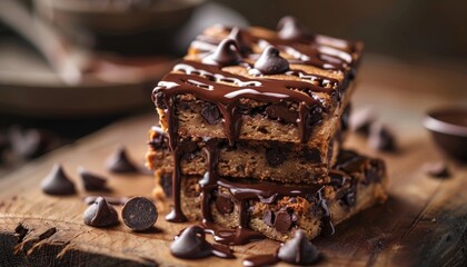 Layered chocolate chip cookie bars drizzled with rich chocolate sauce, presenting a tempting dessert option