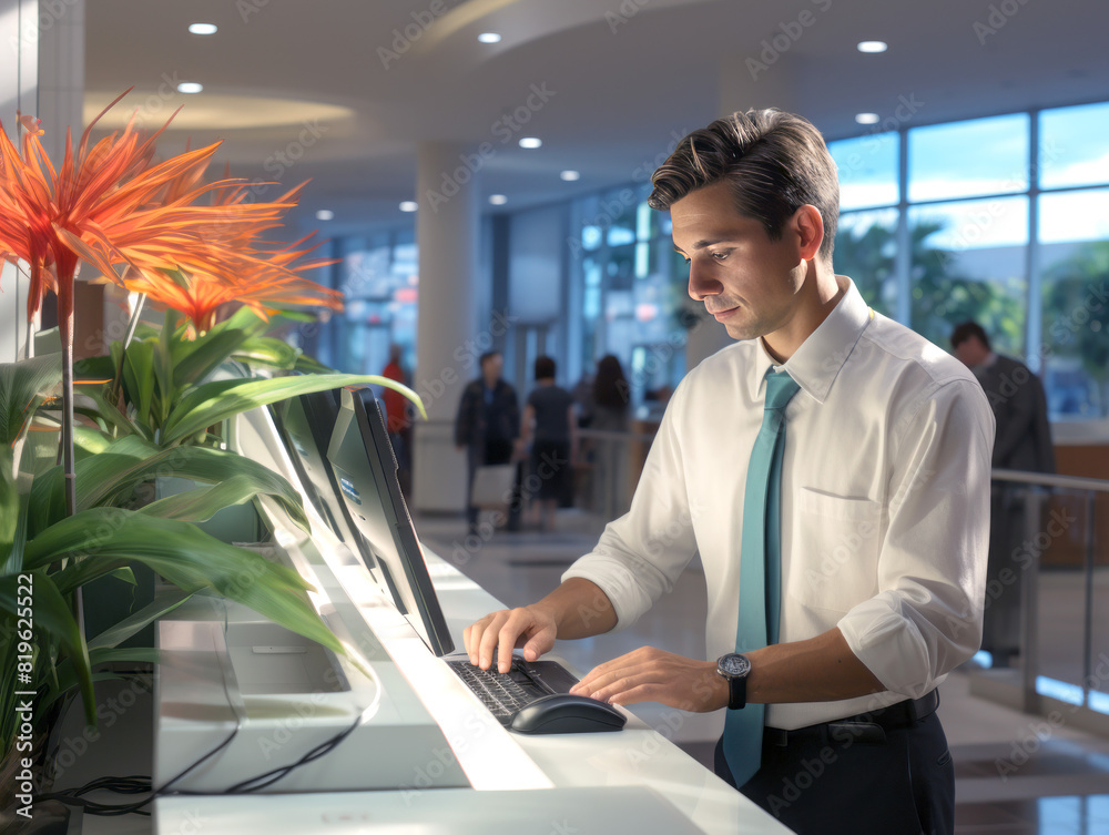 Poster a man in formal attire working on a computer, indoor setting, concept of professionalism. generative