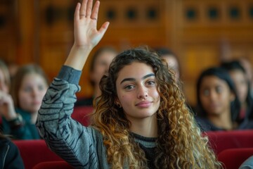 Fototapeta premium Female student raising hand to ask a question