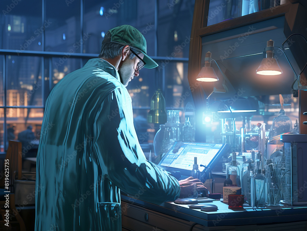 Poster a digital illustration of a man working in a lab at night with city background, conveying a concept 
