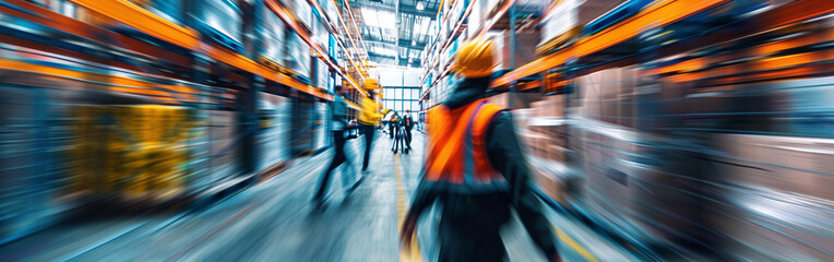 Motion blur of logistics employees working in an international warehouse. Ai generate.