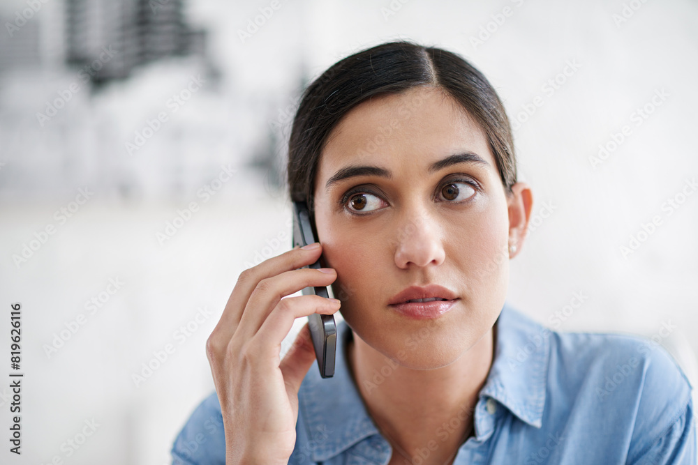 Poster businesswoman, phone call and listen with communication in office for networking, conversation and c