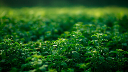 Field of lush green plants under soft sunlight, highlighting the beauty and tranquility of nature