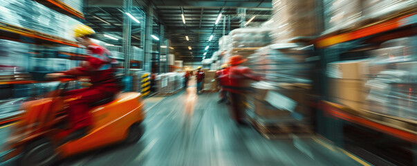 Motion blur of logistics employees working in an international warehouse. Ai generate.