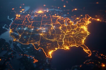 Night Map of USA with City Lights Illumination. 3D render 