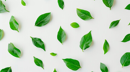 Pattern of green leaves on white background, emphasizing natural beauty and simplicity