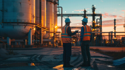 Energy engineers stand and talk in an oil depot that is a storage area for energy resources that meets environmental conservation standards. Ai generate.