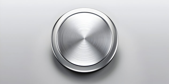 Realistic round silver button with silver frame on white, High detailed vector illustration of metallic knob