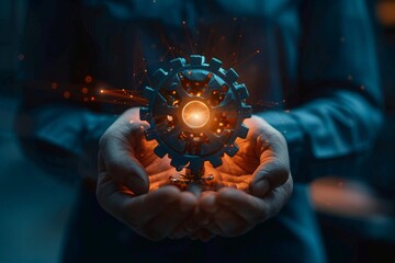 Brain development business ideas, business people show creative ideas to modernize the work processes of the brain with a cog in driving