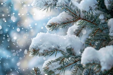 December Snow. Winter Christmas Forest Scene with Pine Branches and Snowfall