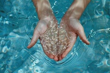 Water In Hands. Female Cupped Hands Submerged in Clear Blue Water for Hydration