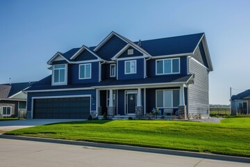 House and Grass. Blue Traditional Siding Home in Suburbs with Curb Appeal
