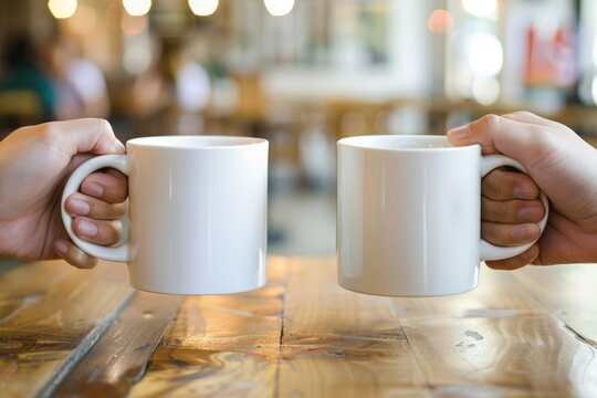 White Coffee Mugs Clink and Cheer: Couple Holding Hot Drinks in Wooden Cafe Setting