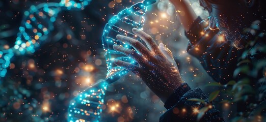 Double exposure DNA of Medicine doctor touching DNA virtual hologram interface or Digital healthcare check with analysis chromosome genetic of human.5G technology of Futuristic Medical science concept