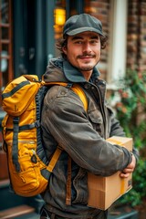 Young Delivery Man Holding a Package Outdoors. Generative ai