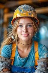 Female Construction Worker in Helmet at Building Site. Generative ai