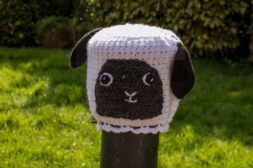 knitted panda bear bollard topper in Titchfield Hampshire England