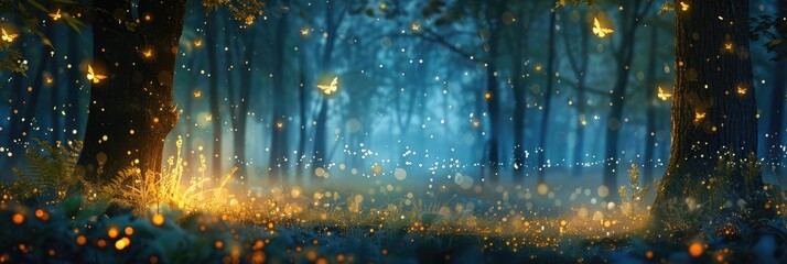 Nature Background Night. Abstract Forest Scene with Firefly in Fairy Tale Concept