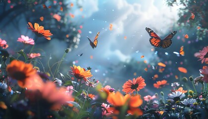 Craft a scene where a character finds solace in watching colorful flowers and butterflies fluttering in the breeze among the trees