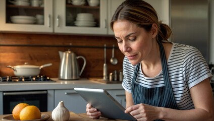 woman in kitchen using computer