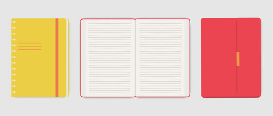 Vector realistic diary template. Notepad with blank open page in line, notepad with clasp, notebook with metal spiral. Stationery items concept.