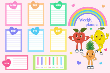 Schedule Diary. Weekly planner on chalkboard, inspiration for kids, notepad design elements, personal template with cartoon characters for school schedule and notes