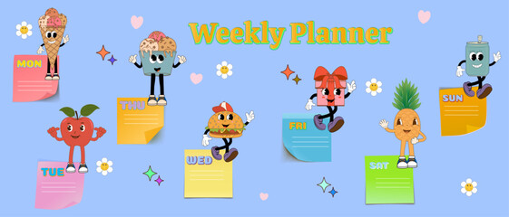 Weekly or daily kids planner for daily plans, schedule with cartoon characters in groovy style. Printable page vector template.