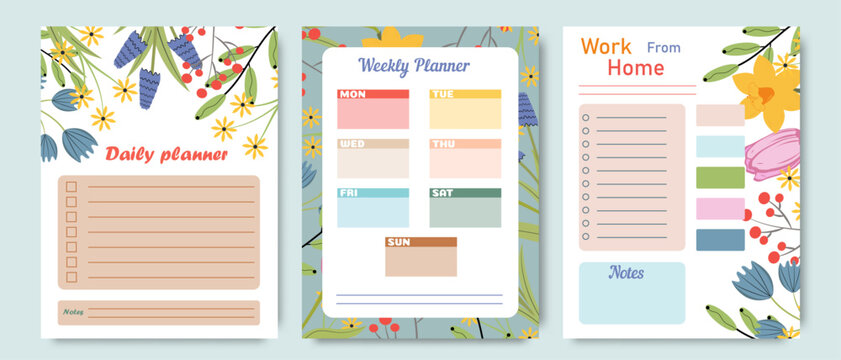 Business planner. Vector weekly planner template with abstract flower pattern. Organizer and schedule with space for notes goals and to-do list. Fashionable floral style. Abstract modern design.