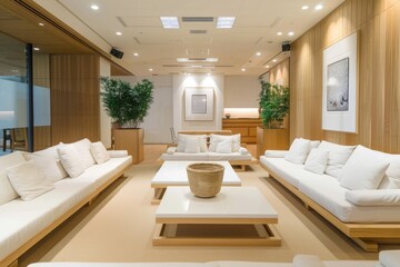 Fototapeta premium Lounge Office. Modern Design with White Sofas in Stylish Empty Meeting Area
