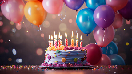 Birthday cake with candles, balloon in background. 